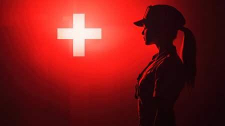 A nurse stands in profile against a glowing red cross, embodying professionalism and care in a smooth and clean healthcare environment.の素材