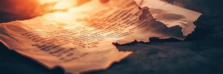 Torn political document lies on a surface, illuminated by dramatic lighting to evoke themes of protest, change, and political transformation.の素材