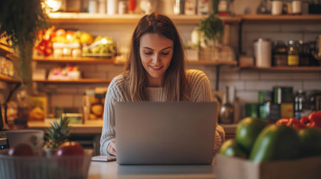 Parent multitasks, engaging with a grocery delivery at the doorstep while focusing on work tasks from a laptop in a cozy and inviting kitchen.の素材