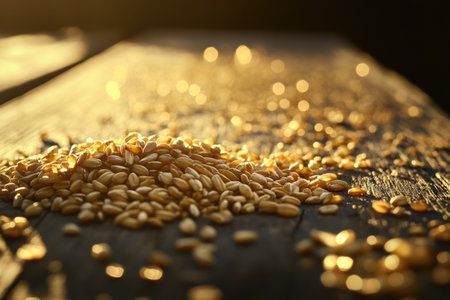 Golden wheat grains are beautifully arranged on a rustic wooden table, illuminated by soft warm lighting, highlighting their luxurious texture and quality.の素材