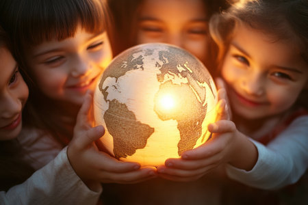 Children from different backgrounds joyfully hold a glowing globe together, surrounded by soft light rays that symbolize hope and unity for the world.の素材