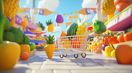Excited animated fruits and vegetables dash toward a shopping cart in a lively, colorful market filled with bright shades and cheerful energy.の素材