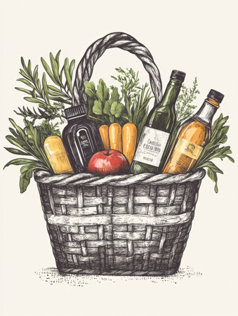 A beautifully illustrated basket brimming with fresh vegetables, oils, and cheeses, capturing the essence of organic shopping in a serene color palette.の素材