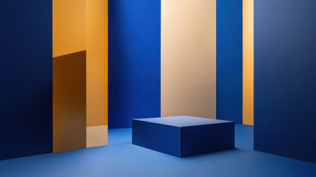 Sleek geometric shapes create an abstract background showing a harmonious blend of deep blue and gold tones, symbolizing political structure.の素材