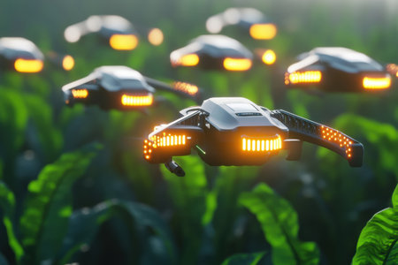 A fleet of advanced drones hovers above a lush green field, utilizing glowing sensors to monitor and analyze the health of the crops below.の素材