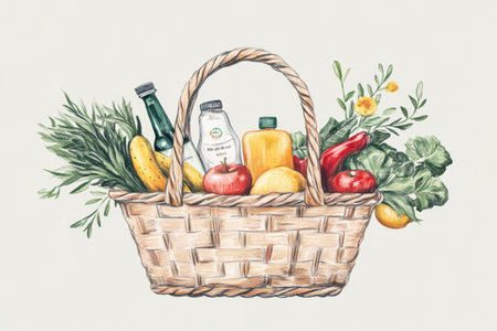 Premium organic grocery basket features vibrant fruits, vegetables, and beverages in a hand-drawn illustration with soft earthy tones enhancing the display.の素材
