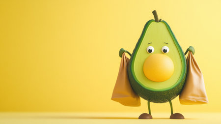 A cheerful cartoon avocado with large proportions carries grocery bags against a pastel background, embodying a whimsical shopping adventure.の素材