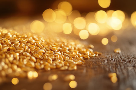 Golden wheat grains rest on a rustic wooden table, their inviting texture enhanced by warm reflections and soft lighting, showing their beauty.の素材