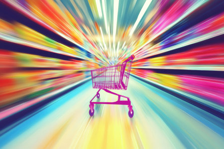 A grocery cart speeds along a bright supermarket aisle, surrounded by colorful product displays that create a lively and energetic atmosphere.の素材