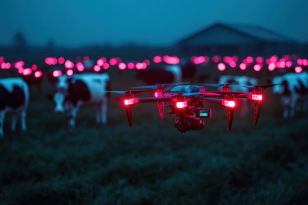 Autonomous drones equipped with glowing sensors patrol a herd of cows on a farm, showcasing advanced agricultural technology during twilight.の素材