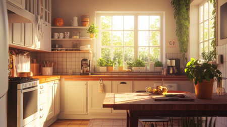 Warm sunlight fills the kitchen as fresh groceries rest on the table, enhancing the inviting atmosphere perfect for family gatherings.の素材