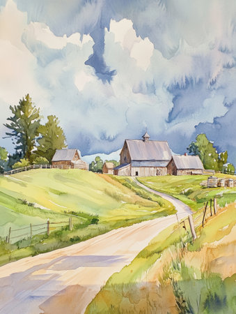 A peaceful traditional farm landscape with verdant fields, rustic barns, and a serene blue sky, evoking nostalgia and tranquility.の素材