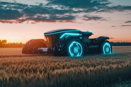 High-tech autonomous tractor equipped with an AI control system actively cultivates a large wheat field, illuminated by glowing digital overlays during sunset.の素材