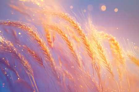 Golden wheat flows into soft glowing energy waves, featuring smooth gradients and a surreal atmosphere that invites imagination and tranquility.の素材