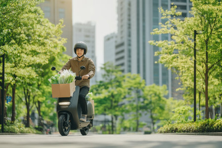 Young courier rides an electric scooter, transporting fresh groceries while navigating a vibrant green cityscape bathed in soft natural light.の素材