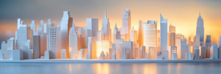 An intricate city skyline made from layered paper is illuminated by soft lighting, highlighting modern architecture during a beautiful sunset moment.の素材