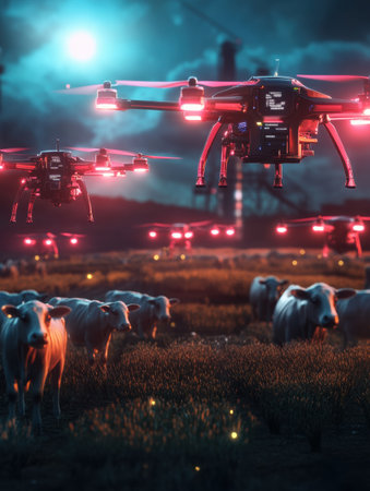 Autonomous drones equipped with glowing digital sensors are monitoring a herd of cows in a high-tech farming environment during nighttime.の素材