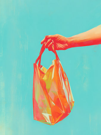 A hand reaches out to offer a colorful grocery bag against a vibrant background, showing a blend of bright, soft hues and digital artistry.の素材