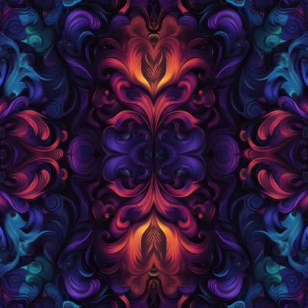 Intricate fractal design showcases swirling cosmic shapes with deep, vibrant color gradients, creating a mesmerizing and hypnotic effect.の素材
