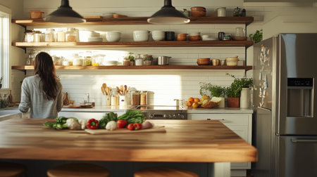 Bright and inviting kitchen with fresh groceries on a wooden table, warm sunlight flooding the room, creating a perfect setting for family cooking and bonding.の素材