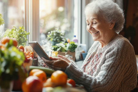Smiling elderly woman happily uses a tablet to order groceries surrounded by fresh produce in a softly lit kitchen during the afternoon.の素材