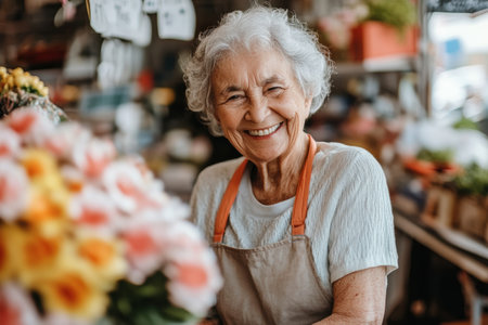 An elderly woman happily orders groceries on a tablet in a charming market, surrounded by vibrant flowers and a warm community spirit.の素材