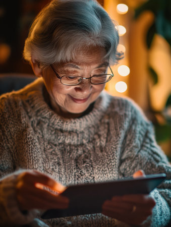 Elderly woman enjoys ordering groceries online using a tablet, surrounded by soft lighting and a heartwarming atmosphere that brightens her day.の素材