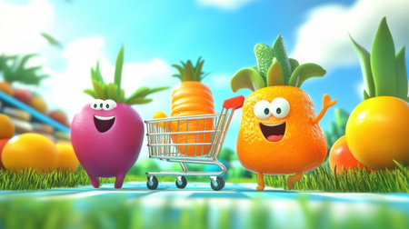 Animated fruits and vegetables joyfully race toward a shopping cart in a lively market, showcasing bright colors and a dynamic atmosphere under a clear sky.の素材