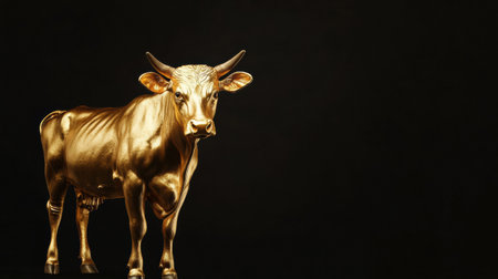 Golden cow strikingly positioned against a deep black background, showing an elegant and premium aesthetic that captures attention with its high contrast.の素材