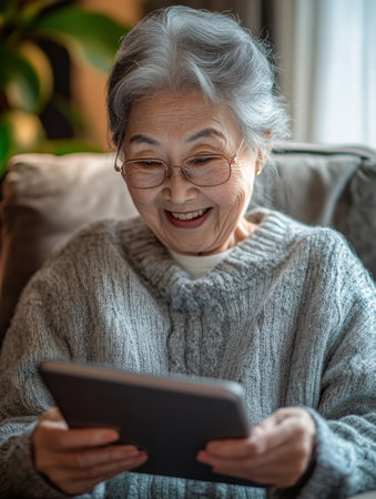 Happy elderly woman with gray hair smiles while using a tablet to order groceries in a warmly lit living space, embracing modern shoppingの素材