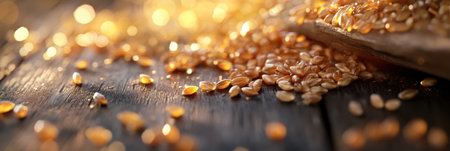 Close-up of golden wheat grains resting on a rustic wooden table, reflecting warm light and showing a luxurious food atmosphere.の素材