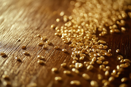Golden wheat grains are spread across a rustic wooden table, enhanced by warm lighting that accentuates their texture and richness in a premium food context.の素材