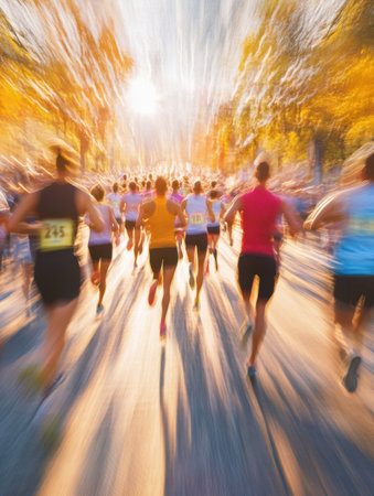 Runners passionately compete in a charity marathon, showcasing energetic motion blur and warm colors, all in support of a meaningful cause on a sunny day.の素材