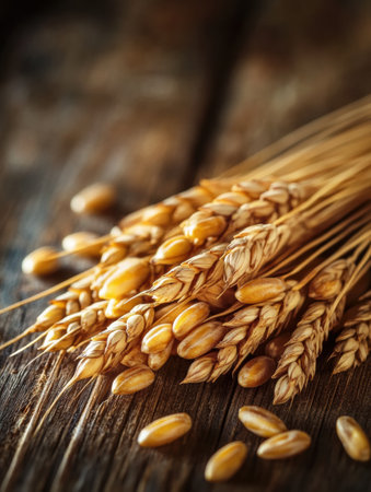 Golden wheat grains rest on a rustic wooden table, illuminated by soft lighting that highlights their warm hues and enhances the luxurious natural feel.の素材