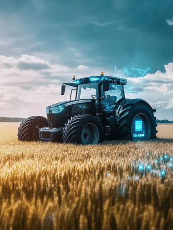 Autonomous tractor utilizing an AI control system is actively working in a large wheat field, featuring a glowing digital interface amidst tall stalks of wheat.の素材