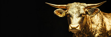 Golden cow exhibits a striking presence on a deep black backdrop, highlighting its elegance and luxurious textures under perfect lighting conditions.の素材