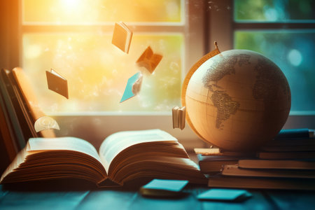 Colorful layered paper globe and flying books inspire a sense of learning in a bright and inviting environment with warm light filtering through the window.の素材