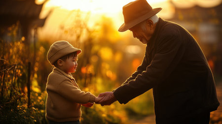 An elderly man and a young child hold hands in a warm embrace under the beautiful sunset, creating a serene and heartwarming connection.の素材