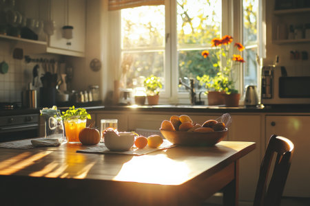 A bright kitchen welcomes the morning with warm sunlight streaming through the window.の素材