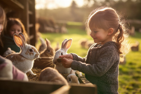 Children delightfully feed rabbits on a rural farm, surrounded by soft golden light and lush greenery that enhances the inviting atmosphere.の素材