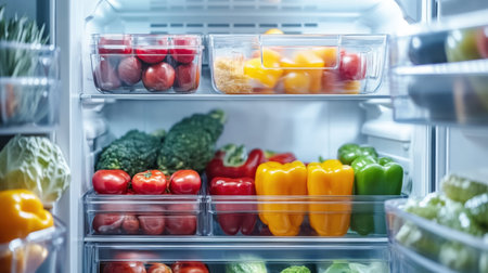 This modern features refrigerator transparent glass doors, highlighting perfectly organized fresh groceries, adding premium aesthetics to the kitchen space.の素材