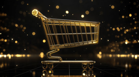 A grocery cart crafted in gold stands prominently against a backdrop of shimmering lights, showcasing luxury and elegance through premium textures and design.の素材