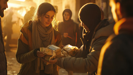 Dedicated volunteers provide food packages to thankful recipients in a community gathering, highlighting compassion and support during challenging times.の素材