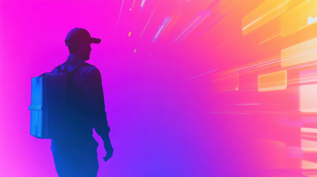 A delivery worker stands against a vibrant abstract gradient backdrop, infused with neon colors, creating a sense of movement and energy during twilight.の素材