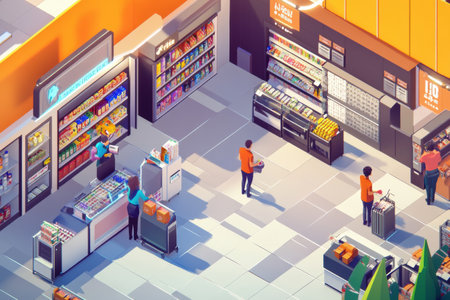 Customers fill the vibrant supermarket, utilizing self-checkout counters while couriers pick up groceries, creating a lively shopping atmosphere.の素材