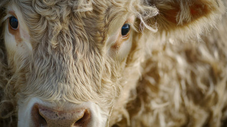 The close-up view reveals a cows gentle expression, enhanced by soft fur textures and dappled sunlight, surrounded by peaceful rural scenery on a sunny day.の素材