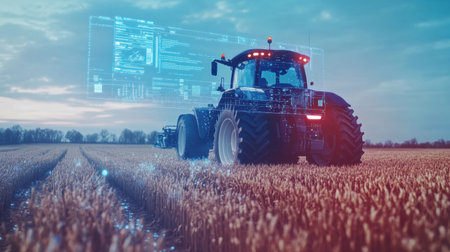 An autonomous tractor efficiently works a wheat field at sunset, guided by a glowing AI interface, showcasing advanced agriculture.の素材