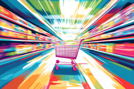 A dynamic grocery cart zooms down a supermarket aisle, surrounded by brightly colored products lining the shelves in an energetic atmosphere.の素材