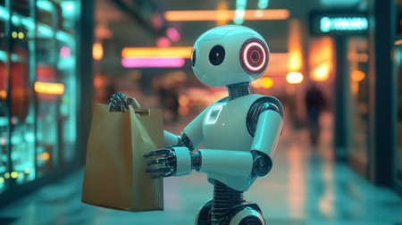 A friendly delivery robot presents a grocery bag in a sleek cyberpunk environment, showcasing a blend of technology and modern aesthetics.の素材