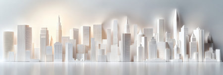 A captivating city skyline features layered cut paper structures illuminated by soft lighting, showcasing modern buildings and dynamic perspective.の素材
